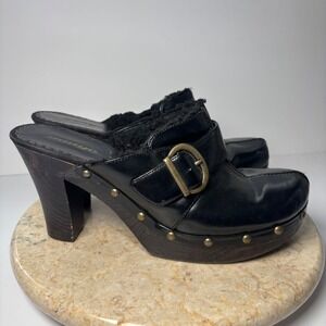 Bongo Clog Mules Women Black Faux Fur Lined Studded Platform Block Heel Y2K